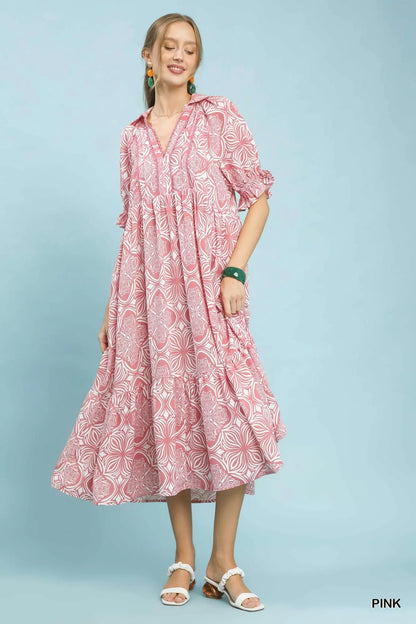 Abstract Print Collared Tiered Midi Dress