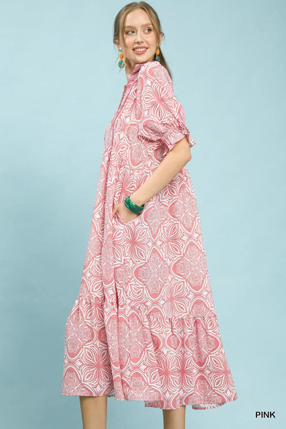 Abstract Print Collared Tiered Midi Dress