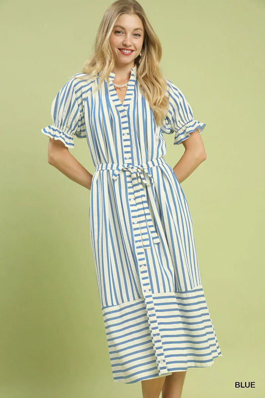 Striped Button-Down Midi Dress with Belt