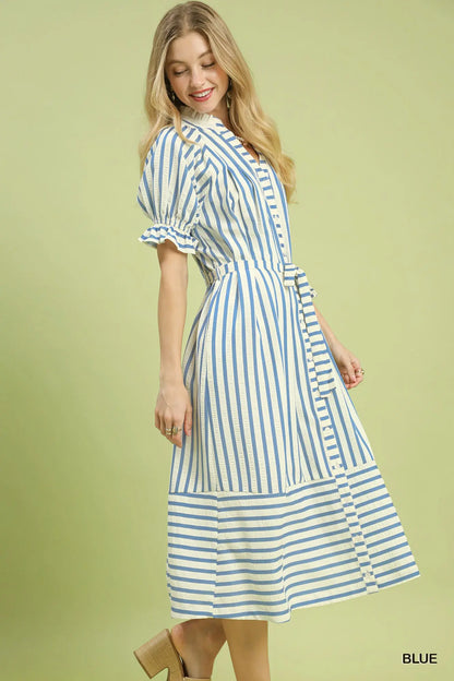 Striped Button-Down Midi Dress with Belt