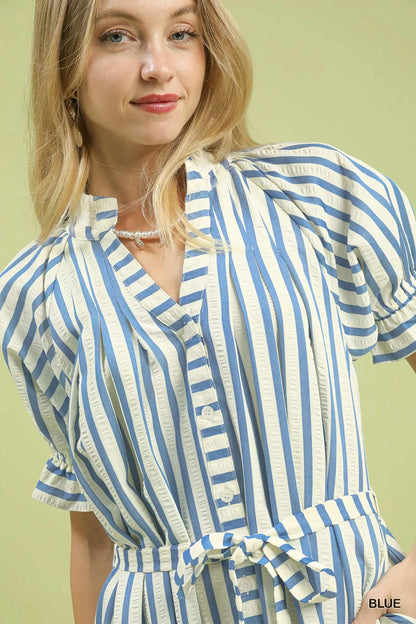 Striped Button-Down Midi Dress with Belt
