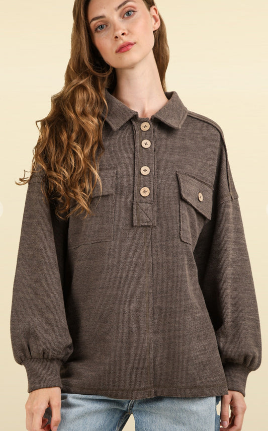 Collard Button Down Knit Top