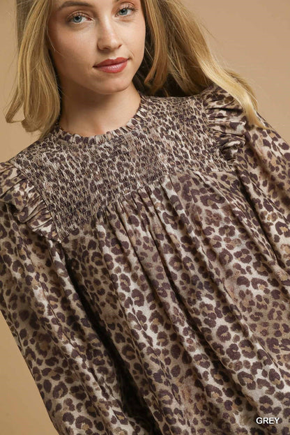 Smocked Leopard Ruffle Blouse