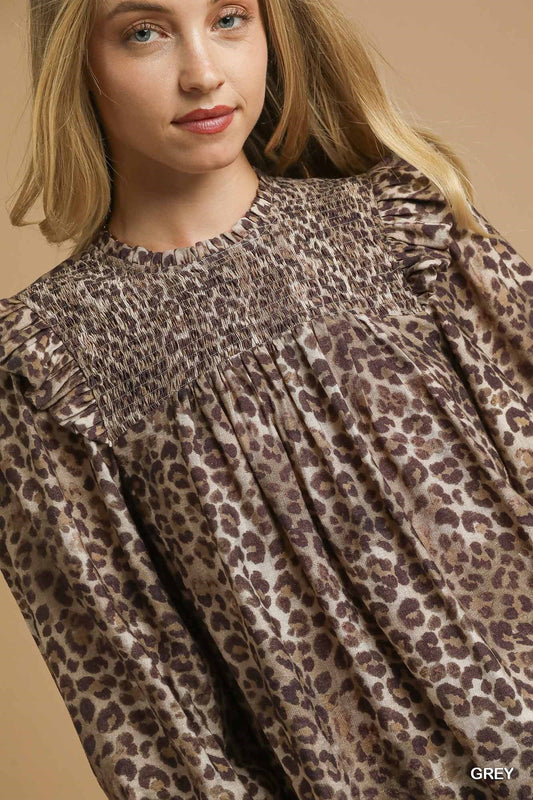 Smocked Leopard Ruffle Blouse