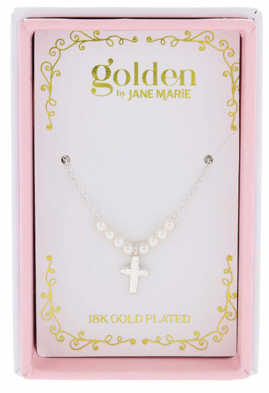 Kids 14" 18K Gold Plated Pave Mini Crystal Cross Necklace, 3" Ext.