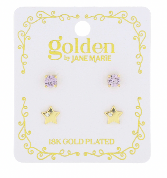 Kids 18k Gold Star/Lavender Stud Set
