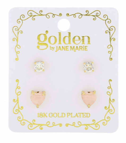 Kids 18k Crystal/Heart Stud Set
