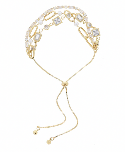 3 Strand, Multi Gold Bezel Crystals, Paperclip & Pearl Links, Circle & Crystal Tennis Adj Bracelet