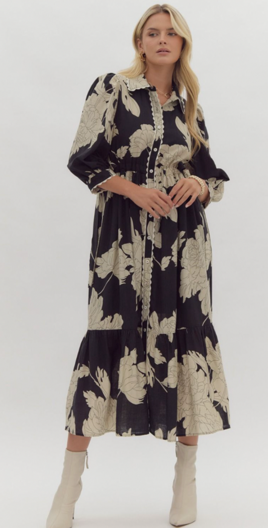 Collared Floral Print Midi Dress