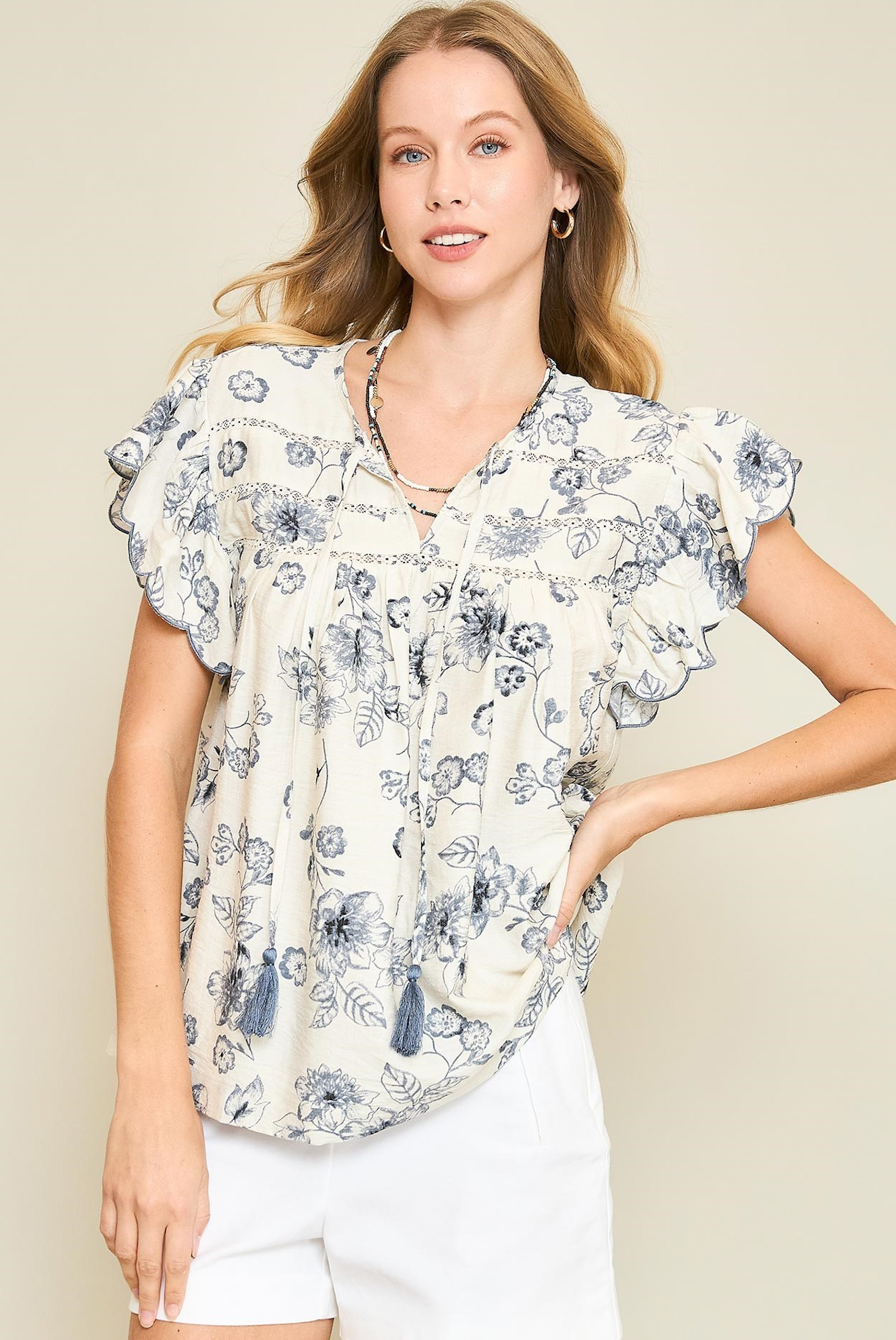 Floral Print Top with Scalloped Sleeves and Tassel Ties