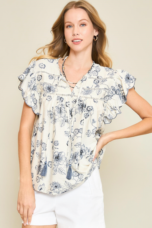 Floral Print Top with Scalloped Sleeves and Tassel Ties