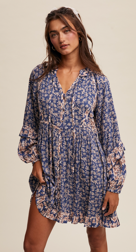 Floral Front Tie Dress -Blue