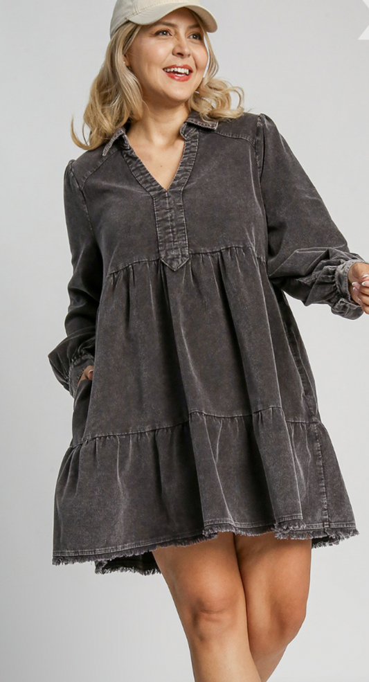 Mineral Wash Collared Dress-Ash