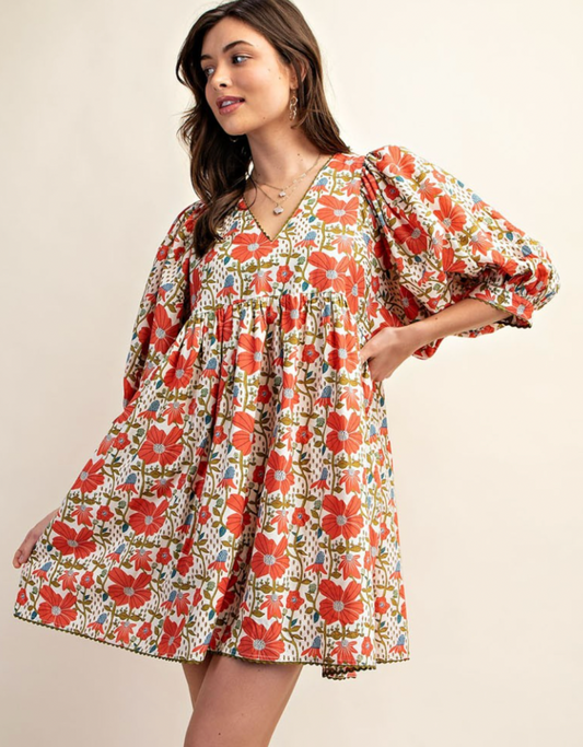 Orange Floral Print Mini Dress