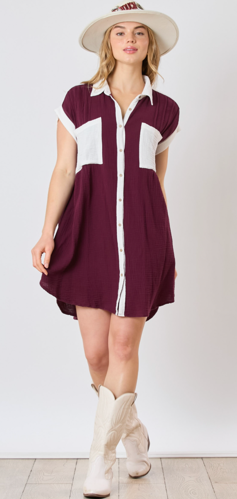 Gauze Color Block Shirt Dress