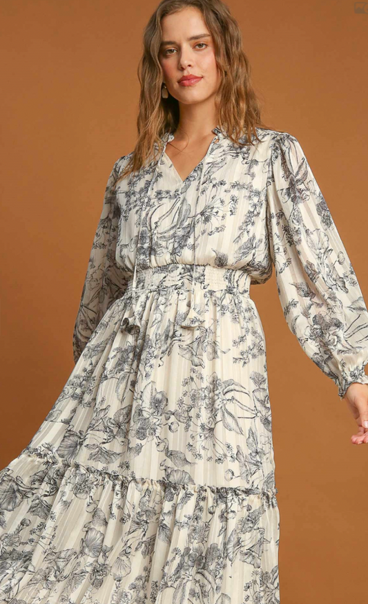Lurex Floral Midi Dress Black