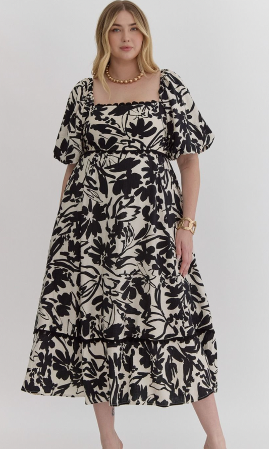 Floral Print Square Neck Bubble Sleeve Midi Dress