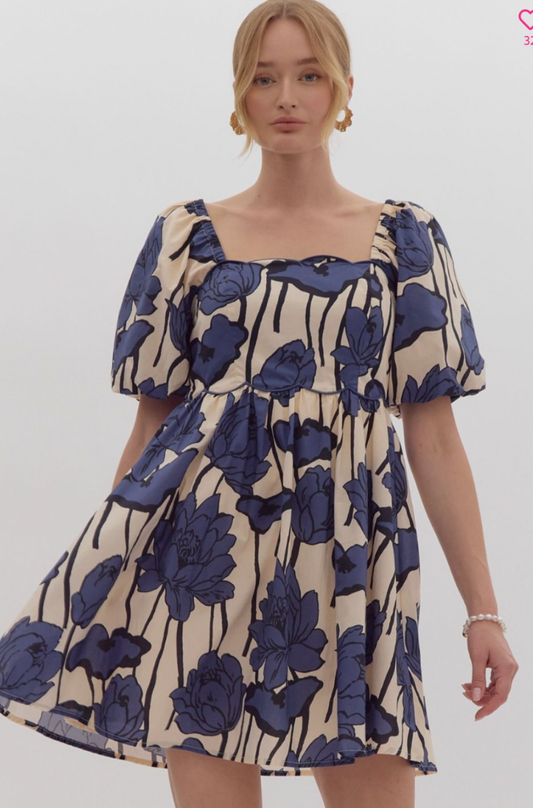 Blue Floral Mini Dress w/ Puff Sleeves