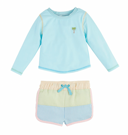 Seersucker Rash Guard & Swim Trunks Set