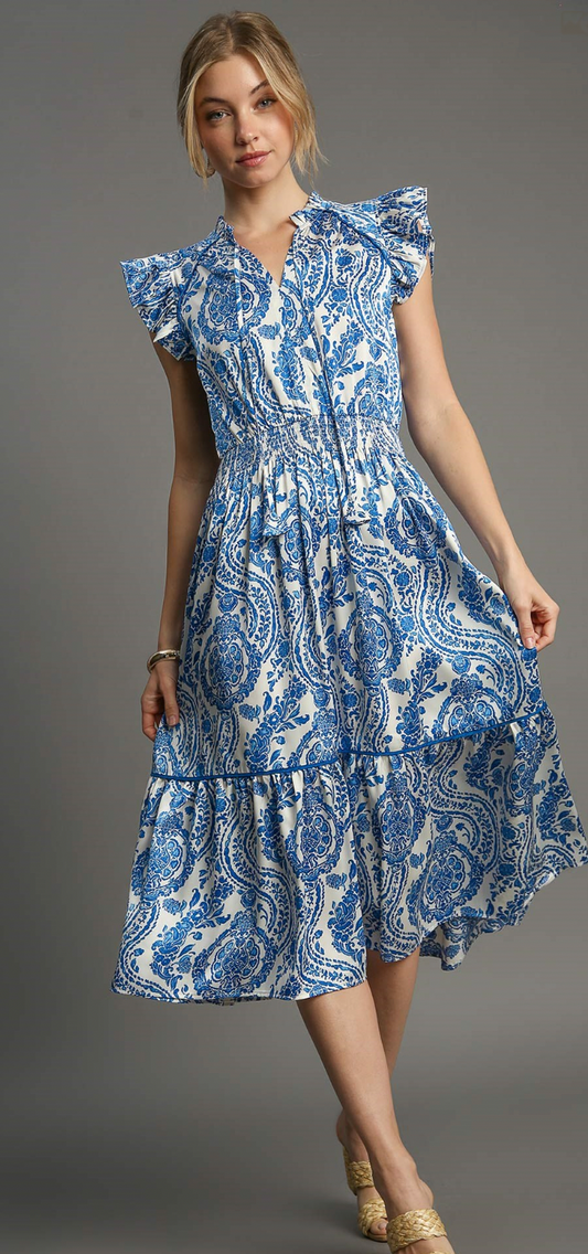 Blue/White Ruffle Shoulder Paisley Dress