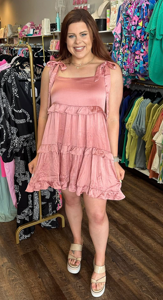 Pink Satin Shoulder Tie Dress