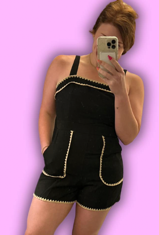 Scallop Trim Romper-Black
