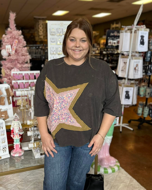 STAR PATCH MINERAL WASHED COTTON JERSEY TOP