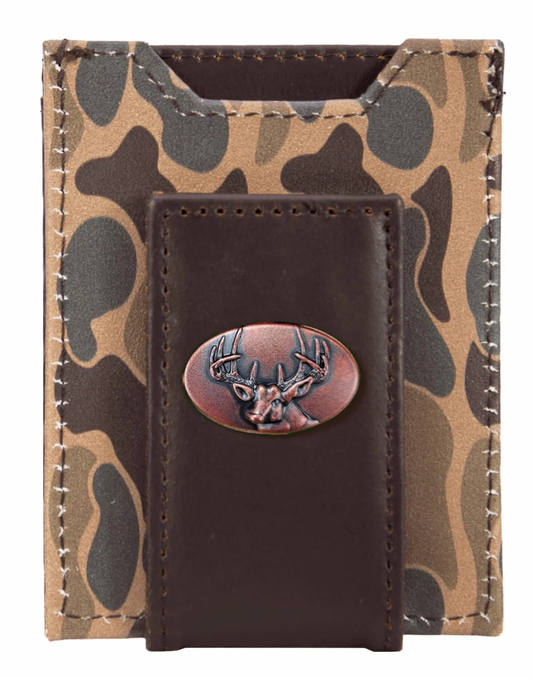 Buck Men's Magnetic Front Pocket Old School Camo Leather Wallet Brown Camo
