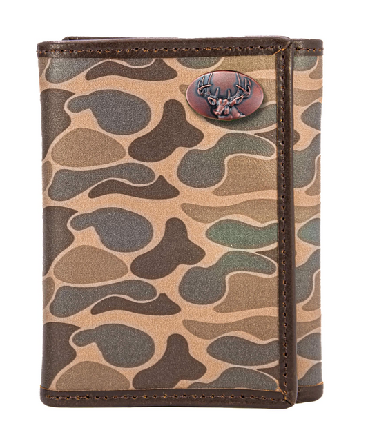 Buck Men's Trifold Old School Camo Leather Wallet Brown Camo