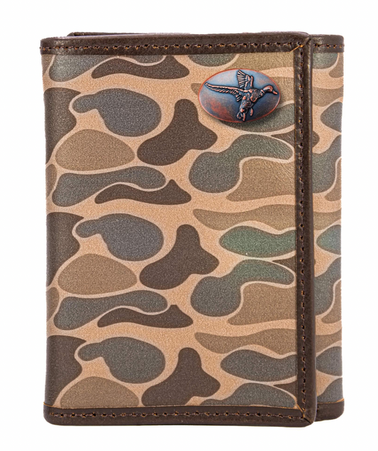 Mallard Men's Trifold Old School Camo Leather Wallet Brown Camo