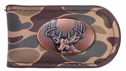 Buck Men's Old School Camo Leather Money Clip Brown Camo