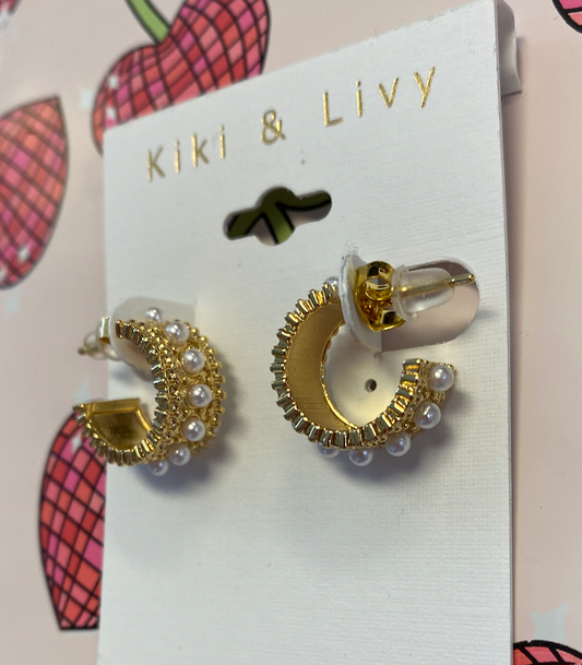 Gold Hoops W/ Single Row Pearls