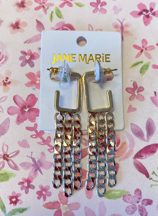 Gold Rectangle Hoop with 2-Tone Curb Chain Tassels Earrings