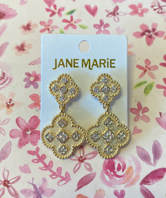 Gold Studded Textured Clovers with Mini Crystal Clover Embellishments Earrings