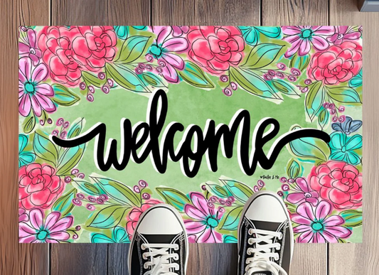 Pretty Pink & Purple Floral Welcome Rug Floormat