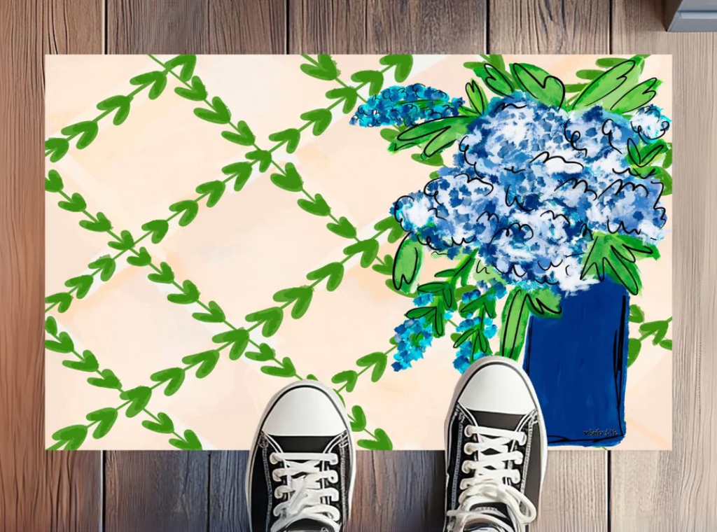 Blue Floral with Greenery Rug Floormat