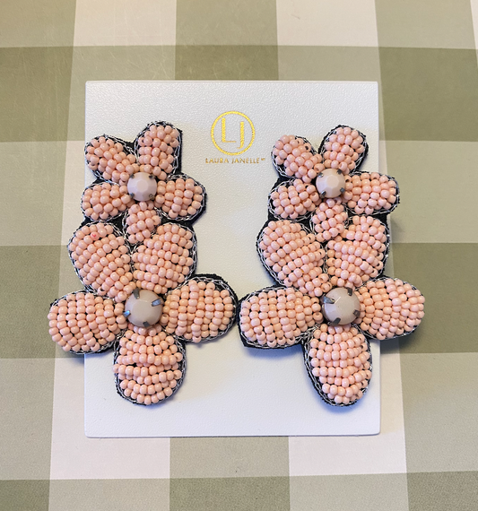 Pink Beaded Double Flower Earrings