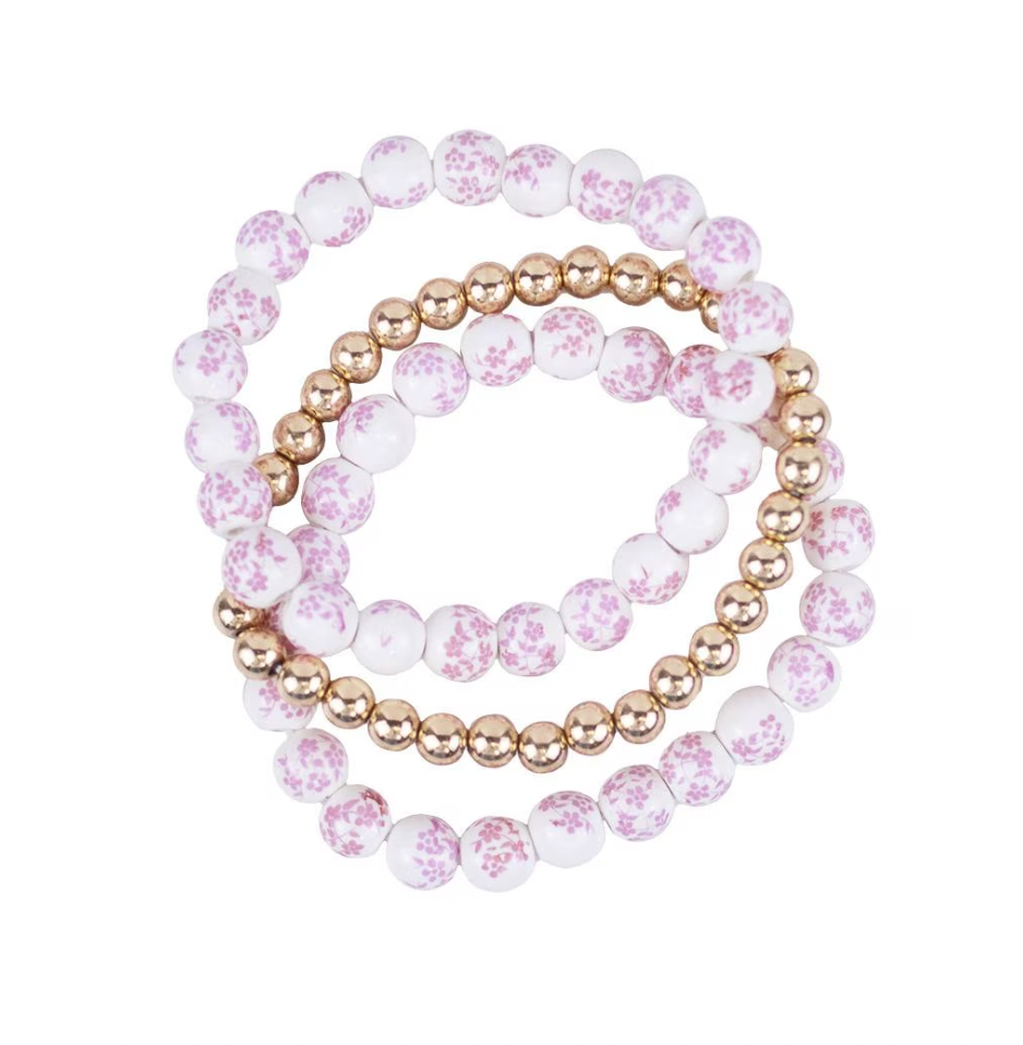 Floral Bead Bracelet Stack in Pink