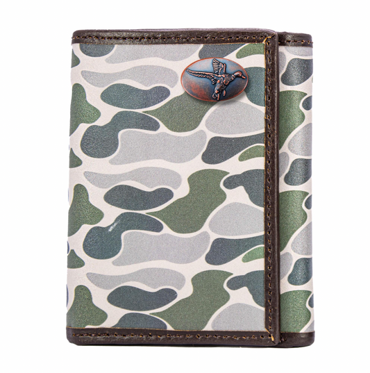 Mallard Men's Trifold Old School Camo Leather Wallet Green Camo