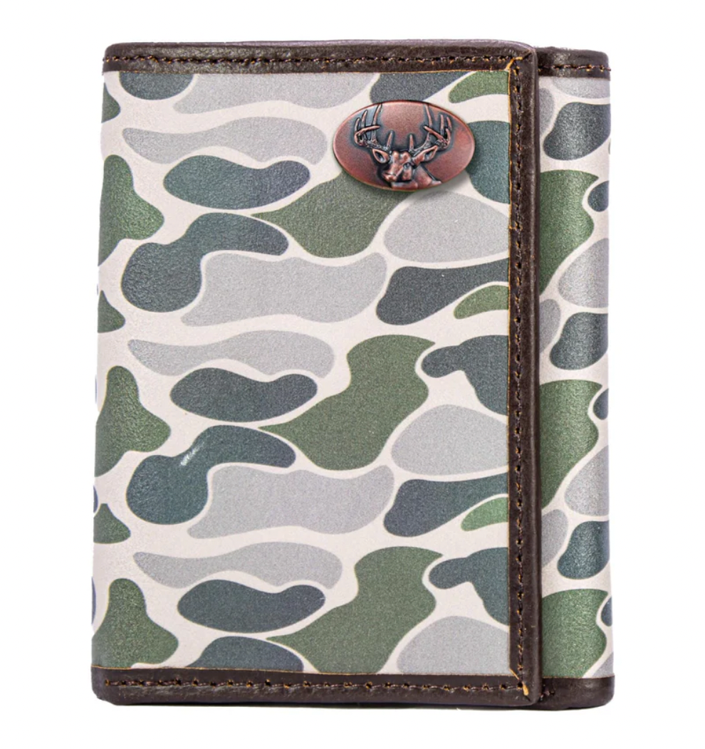 Buck Men's Trifold Old School Camo Leather Wallet Green Camo