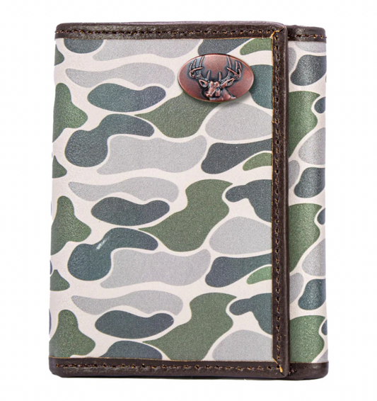 Buck Men's Trifold Old School Camo Leather Wallet Green Camo