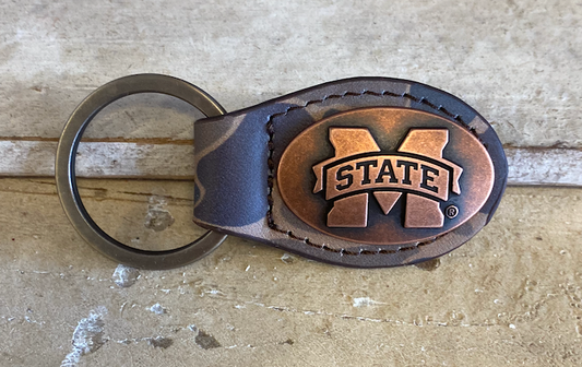 Brown Old School Camo Leather Key Fob MSU