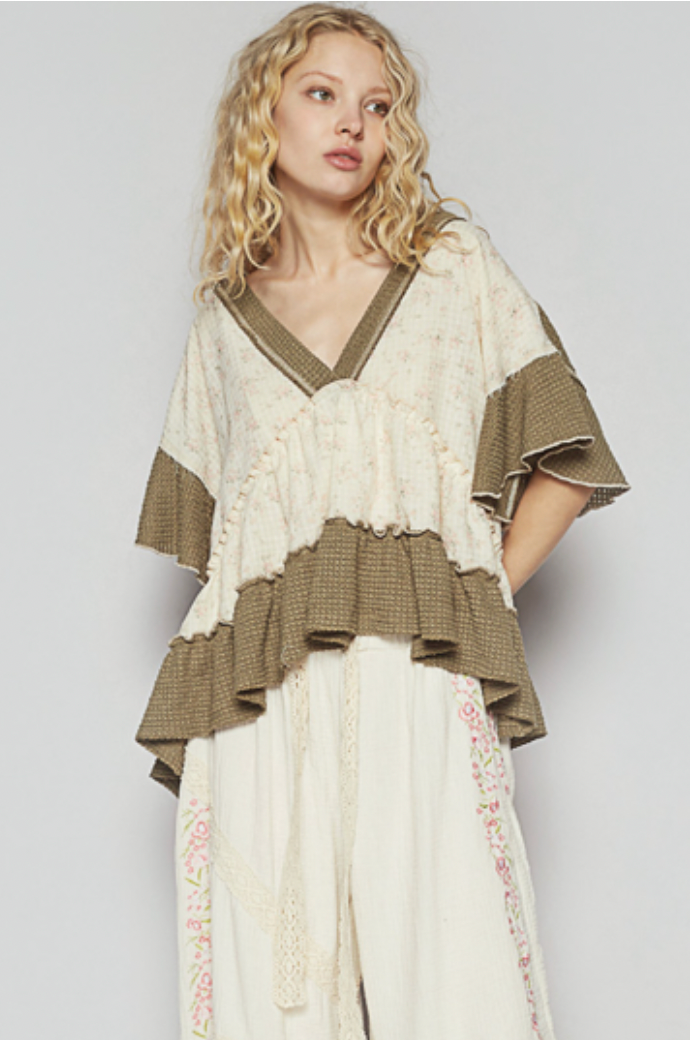 Ruffle Detail V-Neck Top-Olive