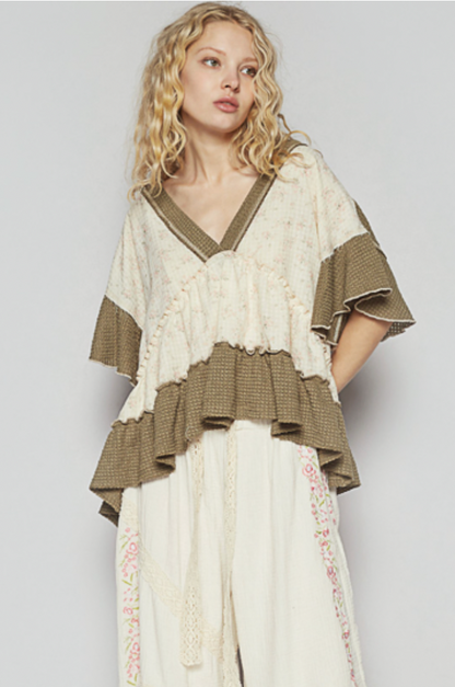 Ruffle Detail V-Neck Top-Olive
