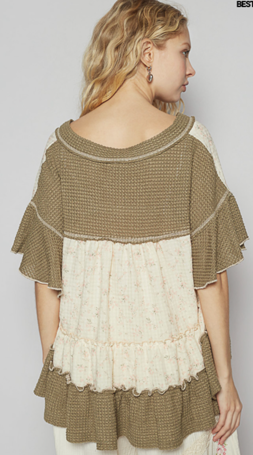 Ruffle Detail V-Neck Top-Olive