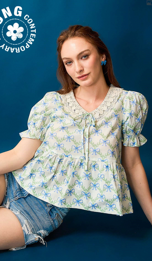 Vintage Bow Print Lace Collar Blouse