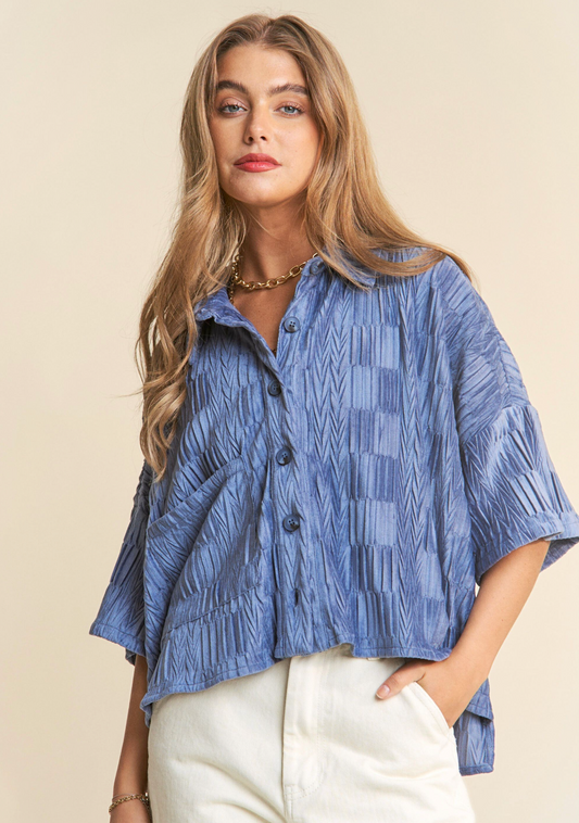 Velvet Texture Smocked Button Up Top