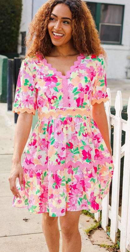 Pink Wavy Floral Mini Dress
