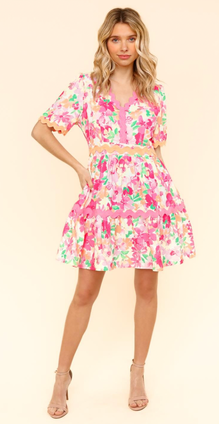 Pink Wavy Floral Mini Dress