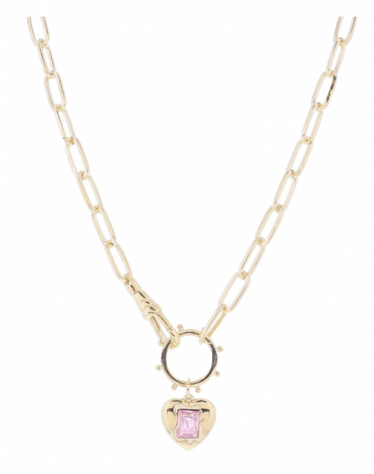16" Gold Heart Pink Crystal Necklace
